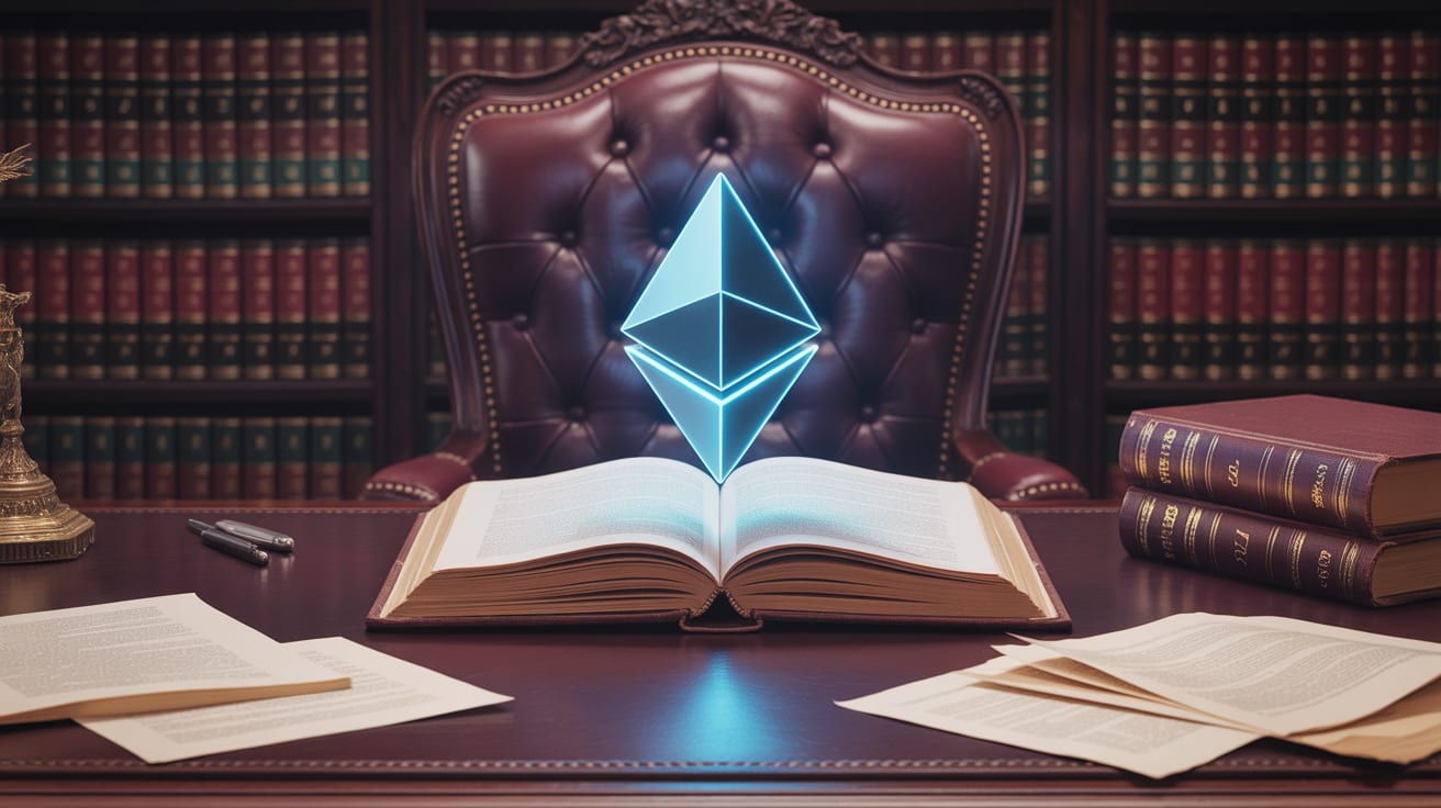 A dimly lit, classic mahogany desk representing a traditional estate. On the desk, a glowing, holographic Ethereum crystal hovers above an open, leather-bound law book, its cool blue light casting sha