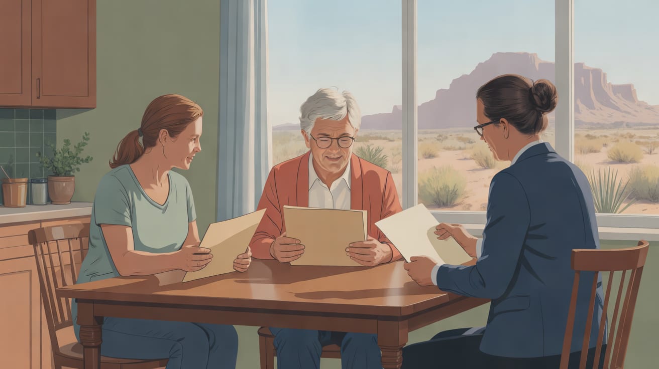 Create a warm editorial illustration of an older adult actively participating at a Mesa kitchen table while an adult daughter and an attorney review several plain, unmarked document folders, emphasizi